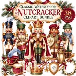 Puede incluir: Un paquete de imágenes prediseñadas digitales con figuras de cascanueces en acuarela, tambores, un regalo, llaves, escudos y una corona. El texto dice Classic Watercolor Nutcracker Clipart Bundle y 38 PNG. Las ilustraciones incluyen ramas de pino y bayas rojas.