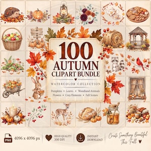 Peut inclure: Une collection numérique de 100 images clipart aquarelles sur le thème de l'automne avec des citrouilles, des feuilles, des animaux des bois, des fleurs et des scènes douillettes. Le texte central indique 100 AUTUMN CLIPART BUNDLE WATERCOLOR COLLECTION.