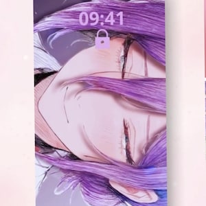 May include: A smartphone screen displaying a digital illustration of a character with vibrant purple hair and closed eyes. The interface shows the time 09:41 and a small purple padlock icon centered at the top of the display against a light background.
