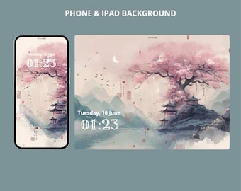 Chinese Cherry Blossom Landscape Wallpaper | Serene Oriental Phone iPad Background (Digital Download)