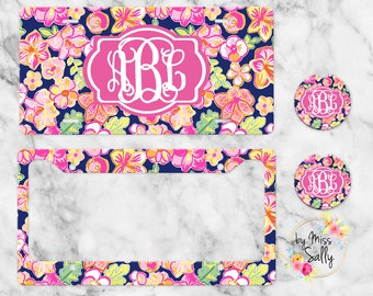 Yellow Pink Floral Preppy License PlateCoaster SetsPlate Frames