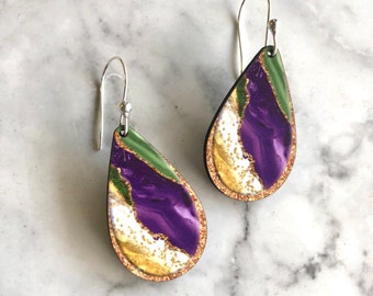 Mardi Gras Jewelry Faux Leather Earrings Mardi Gras Earrings Mardi Gras Teardrop Earrings Mardi Gras Gift