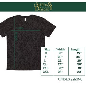 May include: A black unisex t-shirt with a leopard print pattern. The image includes a size chart with measurements in inches, ranging from 18" width and 27" length to 28" width and 32" length. The text "Stitch & Dagger Apparel Co" is at the top.