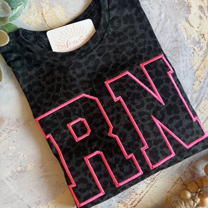 Embroidered RN Shirt, Leopard Nurse Shirt,  Nursing Shirt, Nursing School Gift, nurse Shirt, Black Leopard Hot Pink