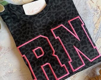 Embroidered RN Shirt, Leopard Nurse Shirt,  Nursing Shirt, Nursing School Gift, nurse Shirt, Black Leopard Hot Pink