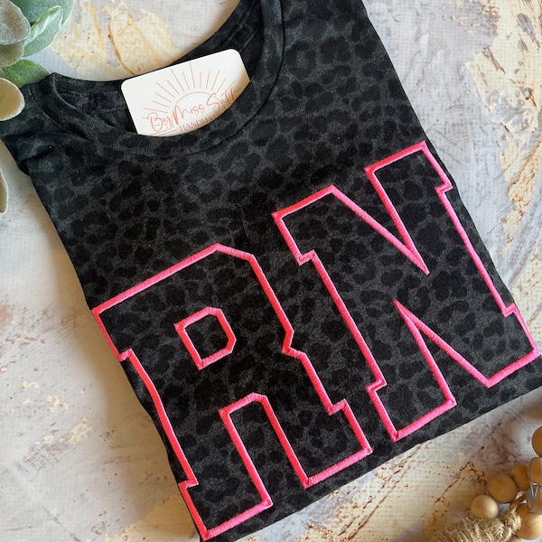 Embroidered RN Shirt, Leopard Nurse Shirt,  Nursing Shirt, Nursing School Gift, nurse Shirt, Black Leopard Hot Pink