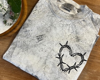 Embroidered Barbed Wire Heart Tee, Short Sleeve Heart Color Blast Tshirt, Comfort Colors Tie Dye Tee, Metal Shirt, Womens Alternative Shirt