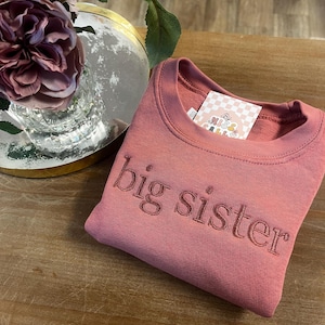 May include: A pink sweatshirt with the words "big sister" embroidered on the front. The sweatshirt has a small label with the words "By Miss Millie" on it.