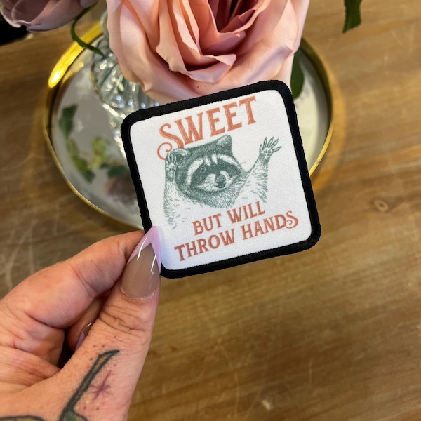 Throw Hands Iron On Patch, Trucker Hat Patches, Iron On Patches, Funny Hat Patch, Bag Patch, DIY, Hat Bar, Square Patch, Raccoon, Sweet but