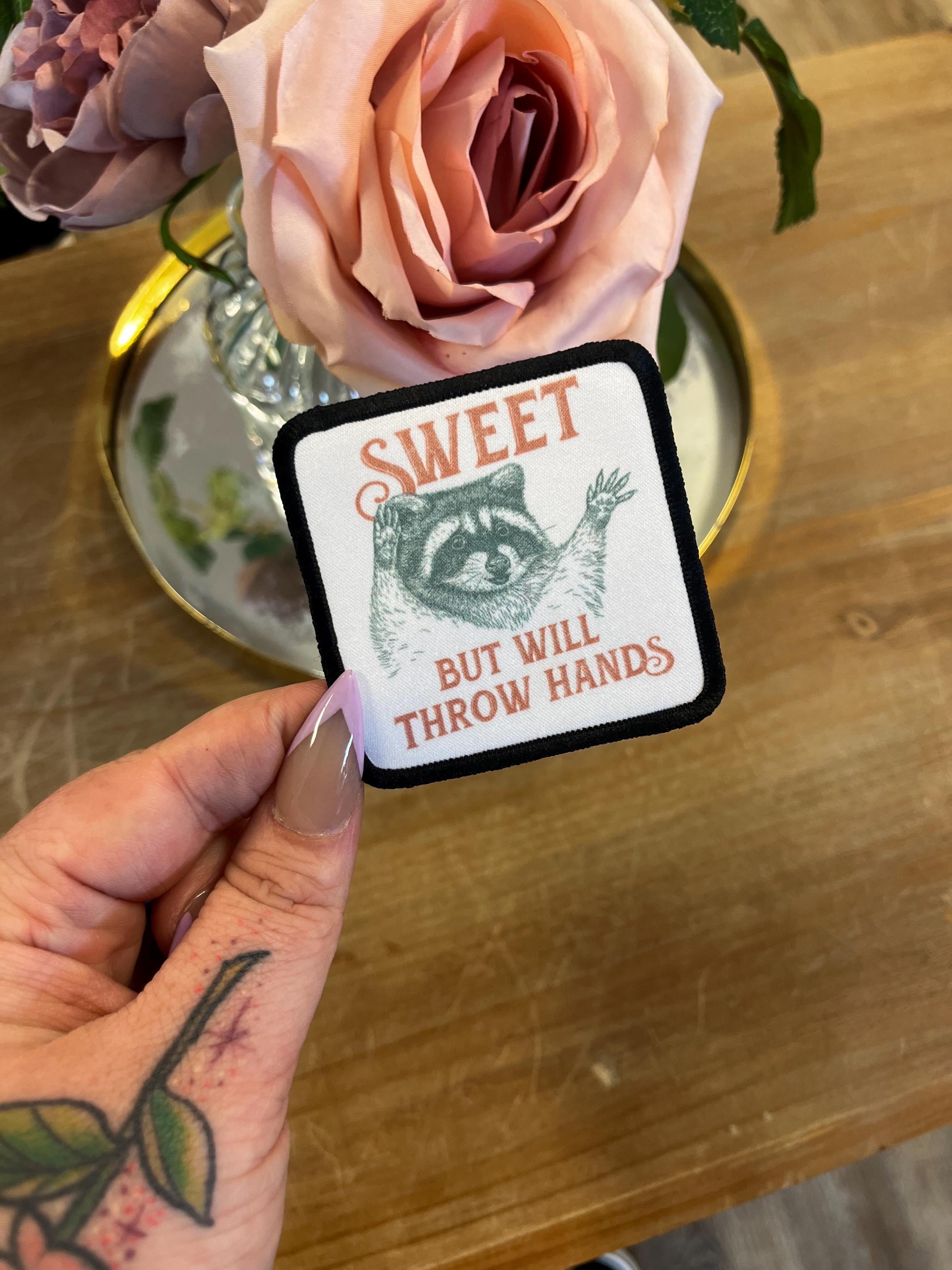 Throw Hands Iron On Patch, Trucker Hat Patches, Iron On Patches, Funny Hat Patch, Bag Patch, DIY, Hat Bar, Square Patch, Raccoon, Sweet but