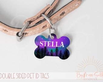 Custom Dog Tag, Northern Lights Dog Tag, Pet ID Tag, Personalized Pet Tag, Forest Cat Tag, Gift for Dog, Personalized Bone Pet ID