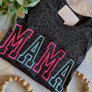 Embroidered Mama Shirt, Leopard Mama Shirt, Mother&#39;s Day Shirt, Mother&#39;s Day Gift, Mom Shirt, Black Leopard Mom Tee, Pink and Blue