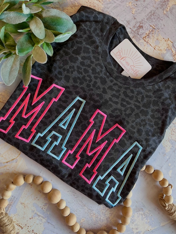 Embroidered Mama Shirt, Leopard Mama Shirt, Mother's Day Shirt, Mother's Day Gift, Mom Shirt, Black Leopard Mom Tee, Pink and Blue