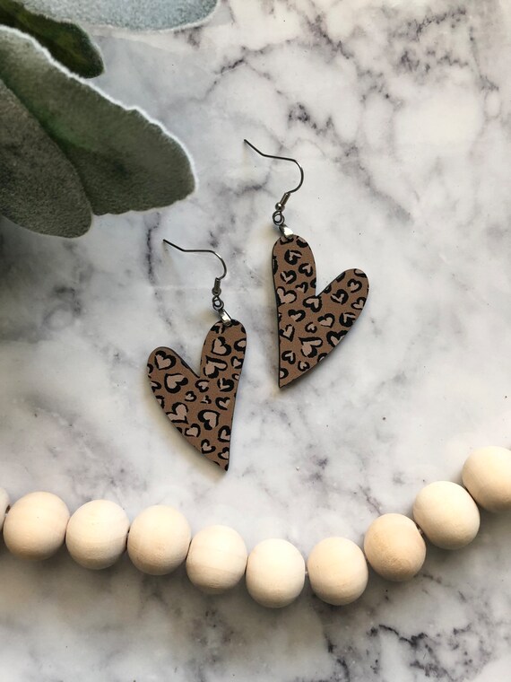 Wood Heart Valentines Day Earrings