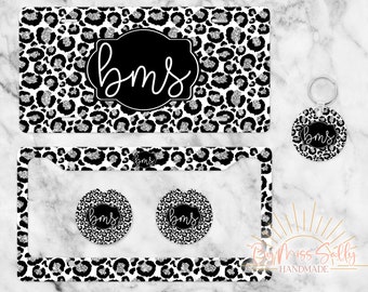 Black and White Leopard Monogram License Plate, Leopard Name Car Tag, Custom License Plate, Personalized License Plate, Keychain, Coasters