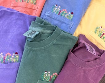 Embroidered Wildflowers Pocket Tee, Cottagecore Tshirt, Comfort Colors Pocket Tee, Flower Pocket TShirt, Embroidered Flower Shirt
