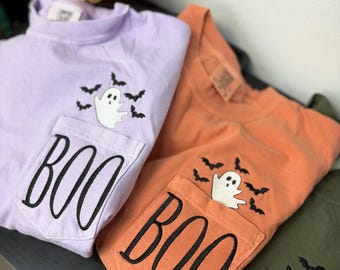 Embroidered Boo Ghost and Bats Halloween Pocket Tshirt