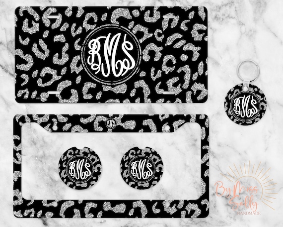 Black Leopard Monogram License Plate Black and Silver Name Car