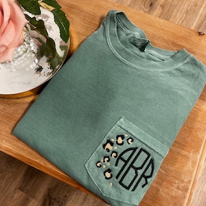 Embroidered Leopard Monogram Pocket Tee, Short Sleeve Monogram Tshirt, Comfort Colors Pocket Tee, Bridesmaid Gift, Mother’s Day Gift