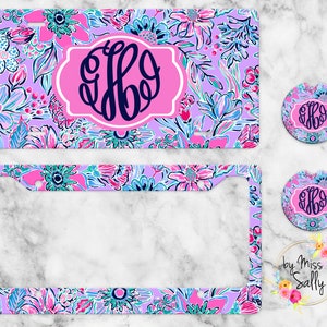 Preppy Personalized License Plate, Custom Car Tag for Women, Name Car Tag, Floral License Plate Frame, Car Coasters, Personalized