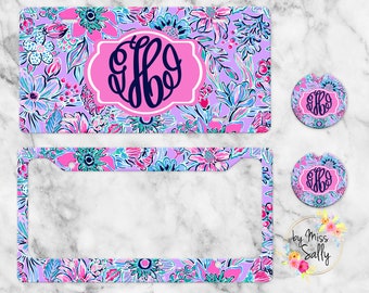 Preppy Personalized License Plate, Custom Car Tag for Women, Name Car Tag, Floral License Plate Frame, Car Coasters, Personalized