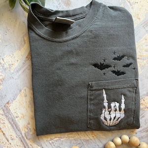 Embroidered Halloween Pocket Tee, Short Sleeve Skeleton Tshirt, Comfort Colors Pocket Tee, Spooky Shirt, Womens Halloween Shirt