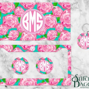 Preppy Personalized License Plate, Custom Car Tag for Women, Name Car Tag, Floral License Plate Frame, Car Coasters, Personalized