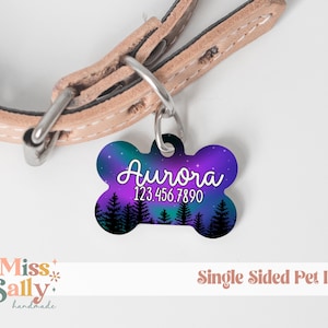 Benutzerdefinierte Hundemarke, Nordlichter Hundemarke, Haustier-ID-Marke, personalisierte Haustiermarke, Waldkatzenmarke, Geschenk für Hund, personalisierte Knochen Haustier-ID