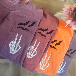 Embroidered Halloween Pocket Tee, Short Sleeve Skeleton Tshirt, Comfort Colors Pocket Tee, Spooky Shirt, Womens Halloween Shirt