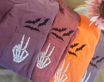 Embroidered Halloween Pocket Tee, Short Sleeve Skeleton Tshirt, Comfort Colors Pocket Tee, Spooky Shirt, Womens Halloween Shirt