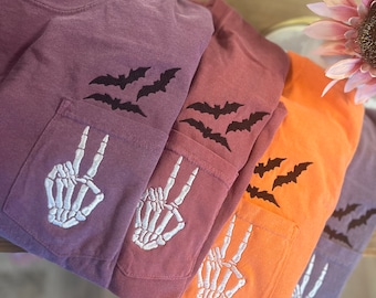 Embroidered Halloween Pocket Tee, Short Sleeve Skeleton Tshirt, Comfort Colors Pocket Tee, Spooky Shirt, Womens Halloween Shirt