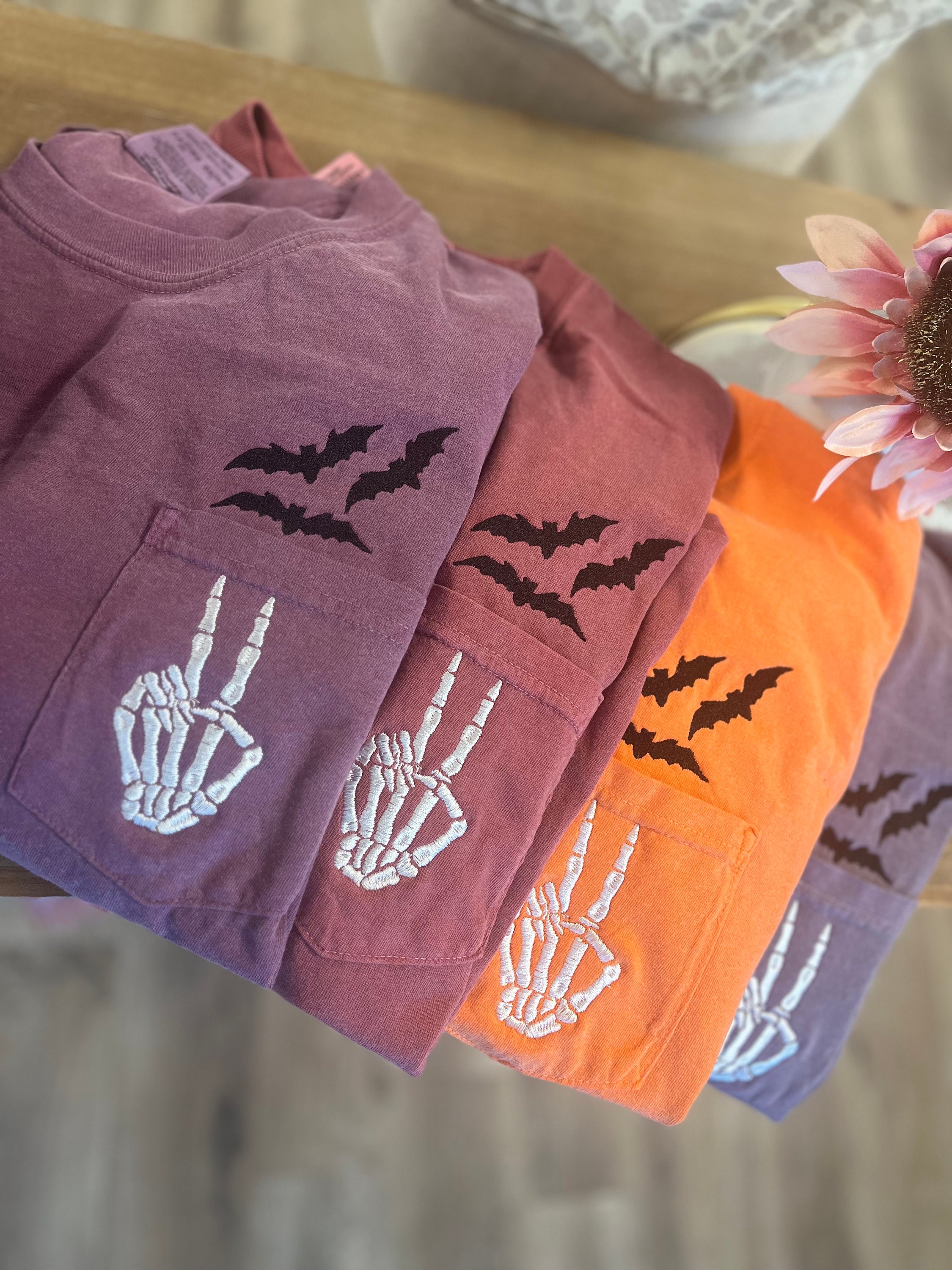 Embroidered Halloween Pocket Tee, Short Sleeve Skeleton Tshirt, Comfort Colors Pocket Tee, Spooky Shirt, Womens Halloween Shirt