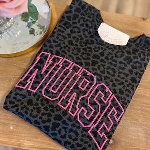 Embroidered Nurse Shirt, Leopard Nurse Shirt,  Nursing Shirt, Nursing School Gift, nurse Shirt, Black Leopard Hot Pink