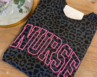 Embroidered Nurse Shirt, Leopard Nurse Shirt,  Nursing Shirt, Nursing School Gift, nurse Shirt, Black Leopard Hot Pink