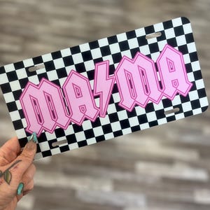 Mama Checkered License Plate, Custom Car Tag for Women, Car Coasters, Retro Mama License Plate, License Plate Frame, Rock