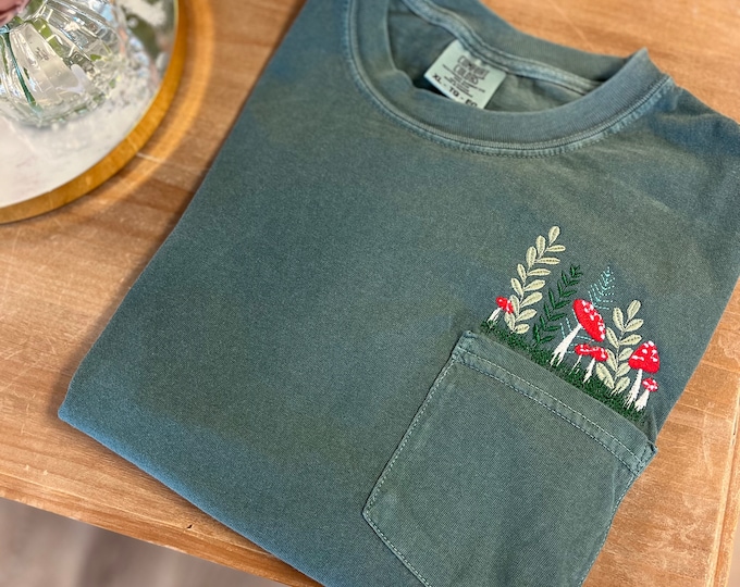 Embroidered Mushroom Pocket Tee - Cottagecore Comfort Colors T-Shirt