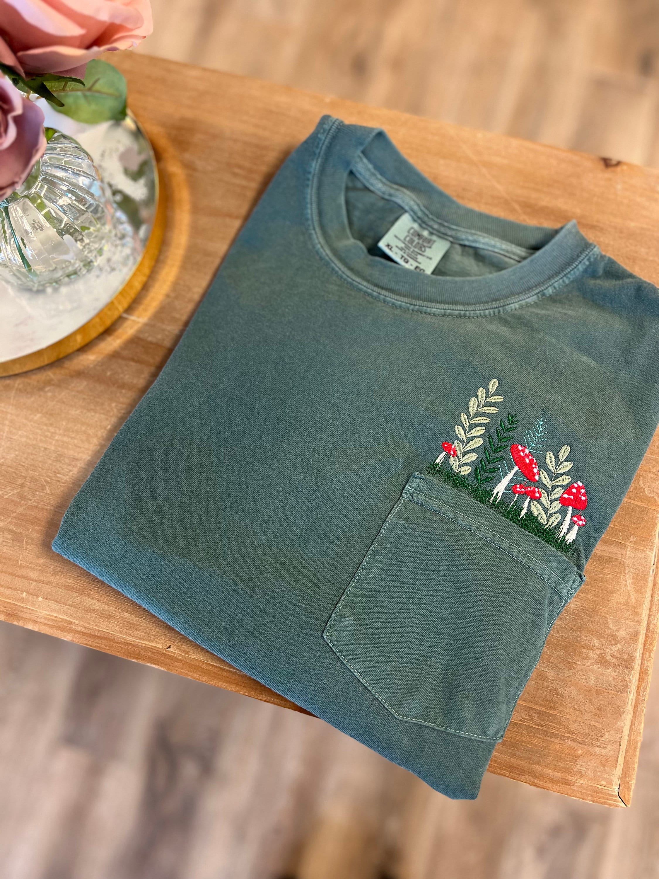 Embroidered Mushroom Pocket Tee, Short Sleeve Cottagecore