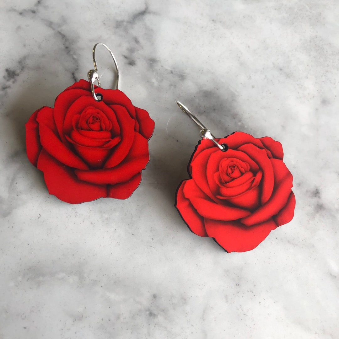 Red Rose Earrings Flower Earrings Dangle Earrings Spring Etsy