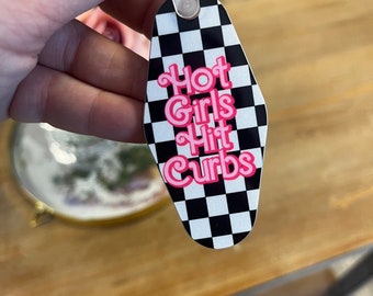 Retro Motel Keychain, bad driver Gift, Hot girls hit curbs keychain,cute motel keychain, Funny Keychain, Vintage Keychain, gifts for her