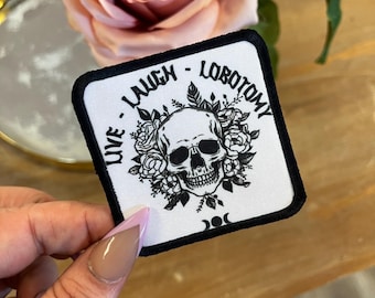 Live Laugh Lobotomy Iron On Patch, Trucker Hat Patches, Iron On Patches, Funny Hat Patch, Bag Patch, DIY, Hat Bar, Square Patch, Skeleton
