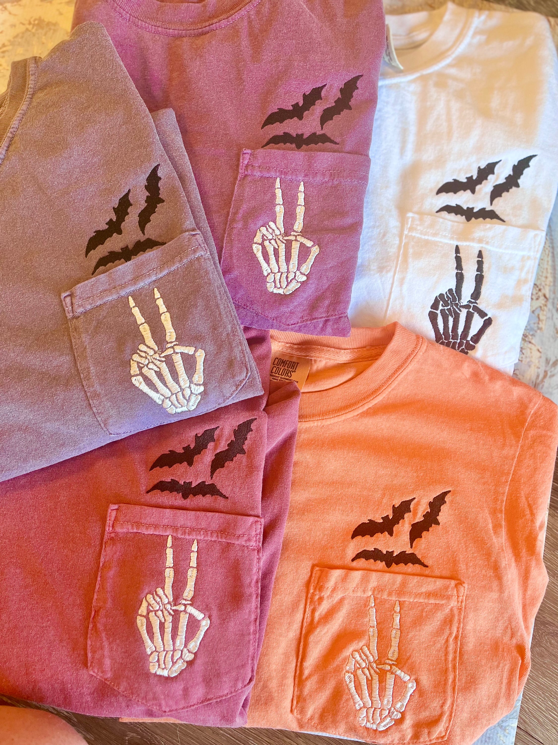 Embroidered Halloween Pocket Tee, Short Sleeve Skeleton Tshirt, Comfort Colors Pocket Tee, Spooky Shirt, Womens Halloween Shirt