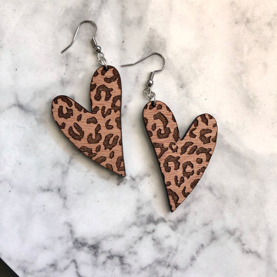 Wood Heart Valentines Day Earrings