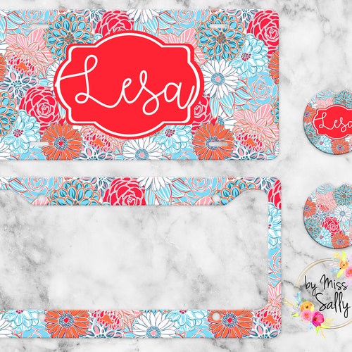 Floral Pattern License Plate Frame Blue Flowers Car Tag Etsy
