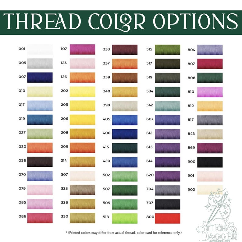 May include: A color chart showing thread colors with corresponding numbers. The chart is organized in columns with each column containing 10 thread colors. The colors range from white, gray, blue, green, red, orange, yellow, brown, pink, and purple.