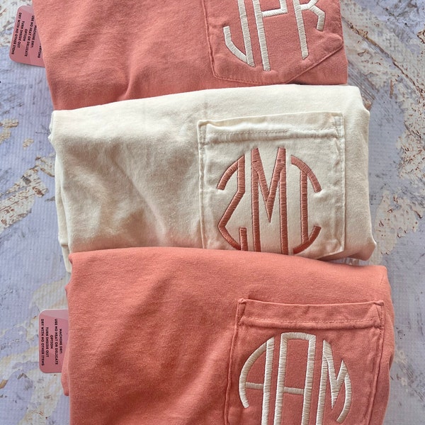 Embroidered Monogram Pocket Tee, Short Sleeve Monogram Tshirt, Comfort Colors Pocket Tee, Bridesmaid Gift, Mother’s Day Gift