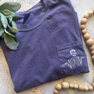 Embroidered Skeleton Pocket Tee - Comfort Colors Halloween Shirt