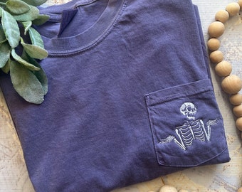 Embroidered Shrugging Skeleton Tee, Short Sleeve Skeleton Tshirt, Comfort Colors Pocket Tee, Spooky, Womens Halloween Shirt, Alt Tshirt