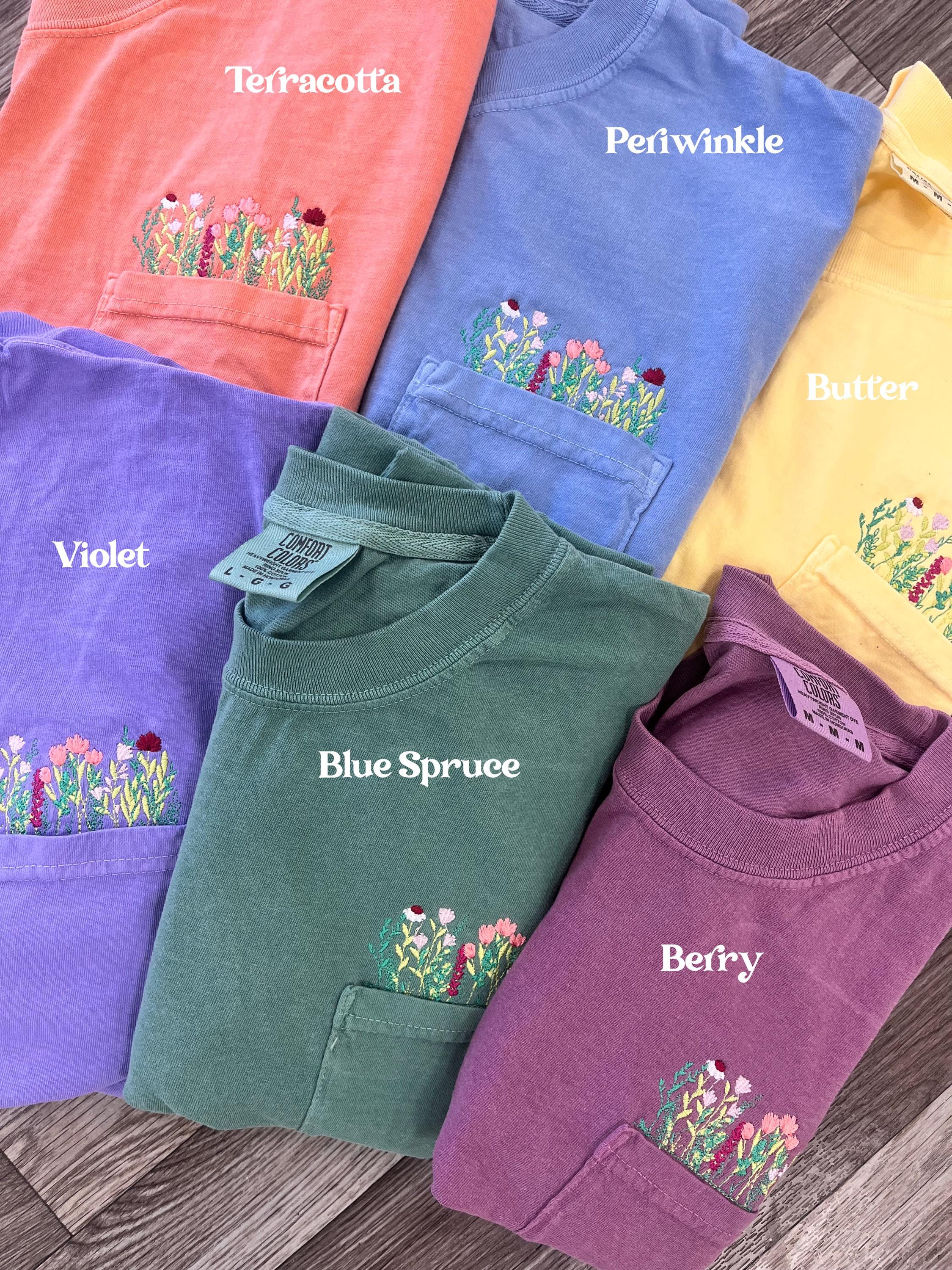 Embroidered Wildflowers Pocket Tee, Cottagecore Tshirt, Comfort Colors Pocket Tee, Flower Pocket TShirt, Embroidered Flower Shirt