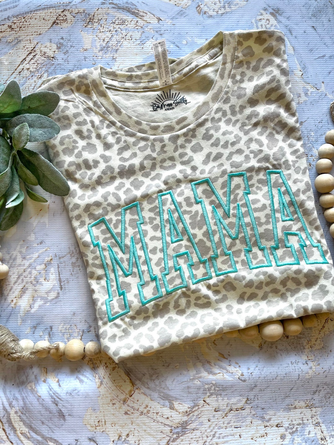 Embroidered Teal Stitched Leopard MAMA Crewneck