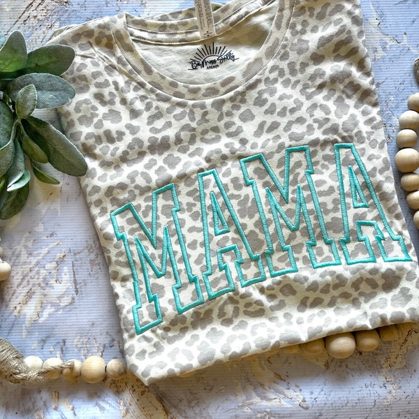 Embroidered Mama Shirt, Leopard Mama Shirt, Mother's Day Shirt, Mother's Day Gift, Mom Shirt, Cream Leopard Mom Tee, Turquoise